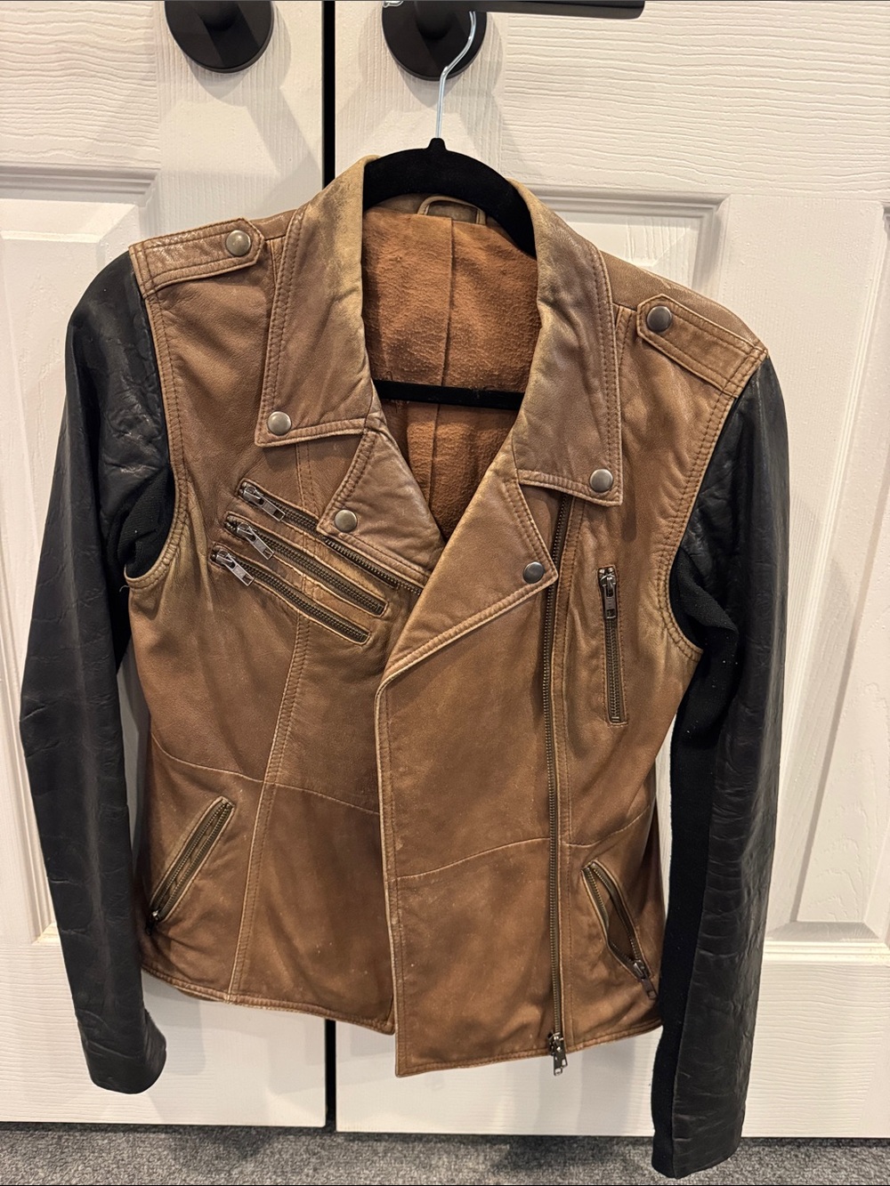 Veda Brown Leather Moto Jacket with Black Sleeves - Men